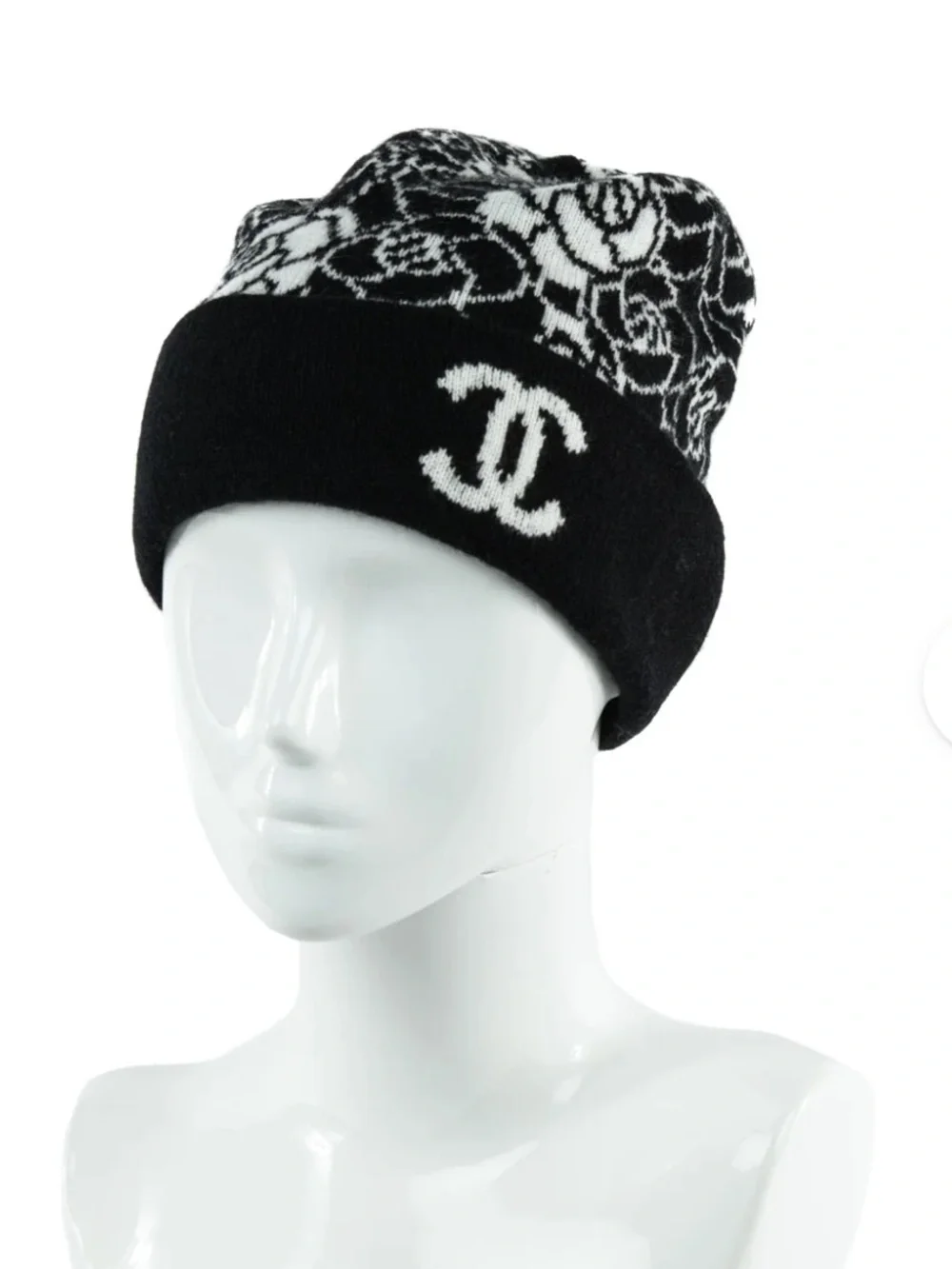 Camellia Logo Beanie 23K Black and White Cashmere, Wool, Silk